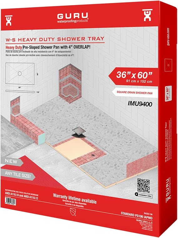 GURU USA W-S Heavy Duty Shower Tray for Square Drain, Bathroom Shower Pan Kit with Pre-Sloped Shower Base & Waterproofing Membrane, 36 x 60, Four Slopes, Center Drain