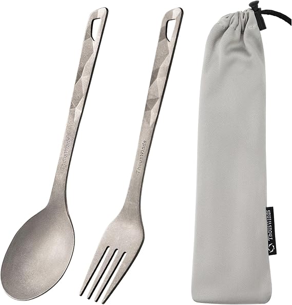 Thous Winds Titanium Cutlery Set, Ultralight and Durable Fork and Spoon, Reusable Flatware for Outdoor Camping Backpacking Hiking Picnic Travel, with Storage Bag