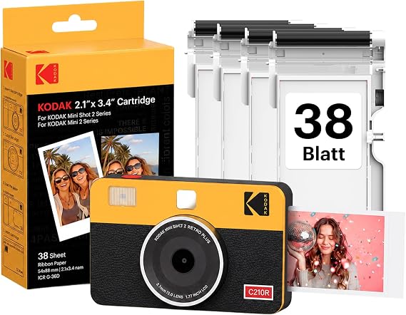 Kodak Mini Shot 2 Retro Portable Instant Camera and Photo Printer iOS and Android Bluetooth 4Pass Technology (54 x 86 mm) - Yellow - 68 Sheets