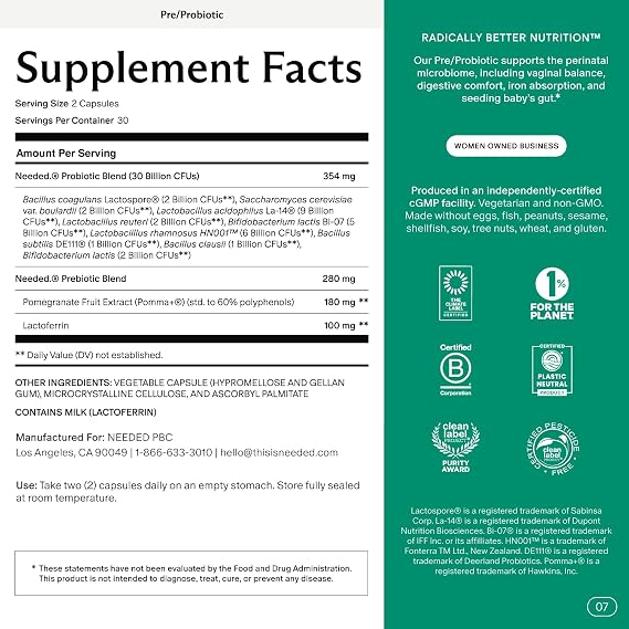 Needed. Prenatal Prebiotic & Probiotic, Expertly-Formulated, 60 Capsules