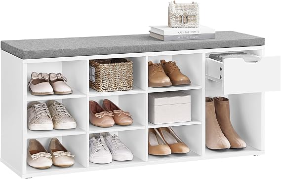 VASAGLE Shoe Bench with Cushion, Storage Bench, 10 Compartments