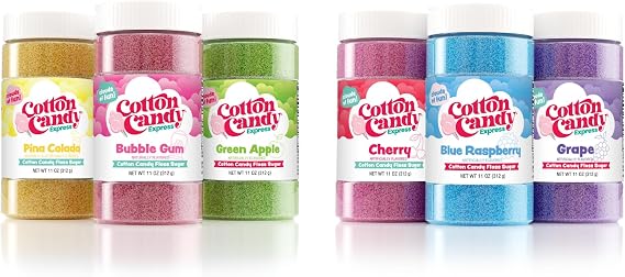 Cotton Candy Express Floss Sugar Variety Pack Bundled with six total 11oz Plastic Jars of Cherry, Blue Raspberry, Grape, Bubble Gum, Green Apple, Pina Colada Flossing Sugars
