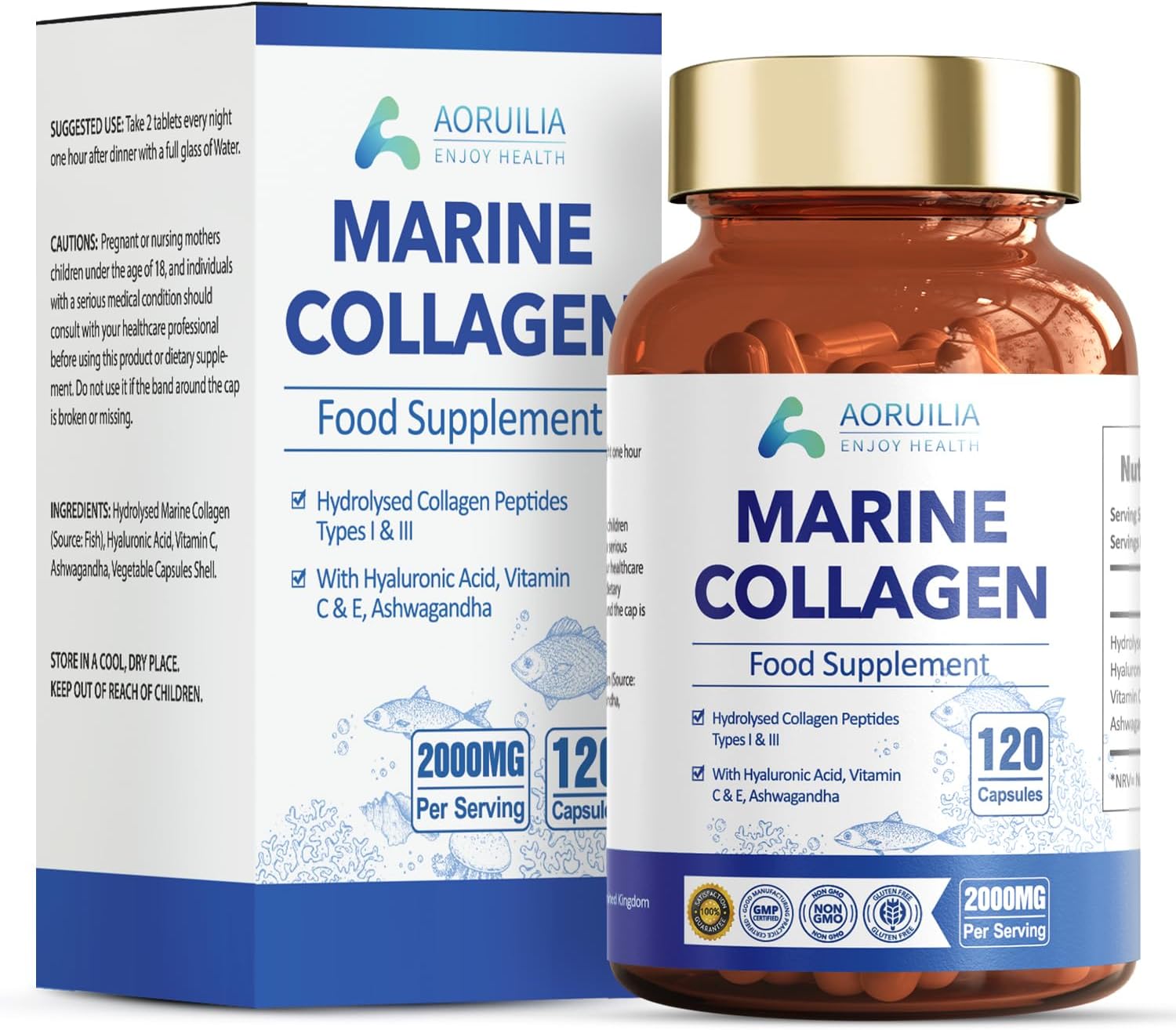 Marine Collagen Supplements for Women Men 2000mg 120 Capsules Hyaluronic Acid, Vitamin C & Ashwagandha, Hydrolysed Collagen Peptides Types I & III Collagen Complex for Skin Joints Hair