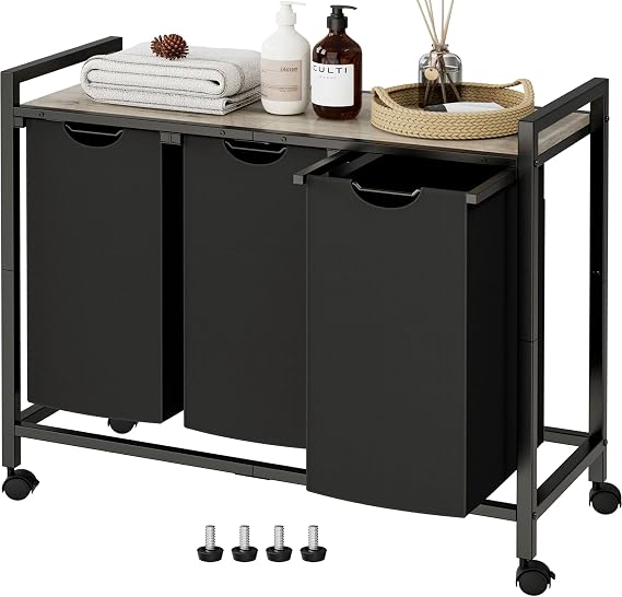 Laundry Hamper, Laundry Basket, Laundry Sorter with 2 Pull-Out and Removable Bags, Shelf, Laundry Room Storage with Table, for Bathroom, Bedroom, 3 x 10.5 Gal (40L), Greige