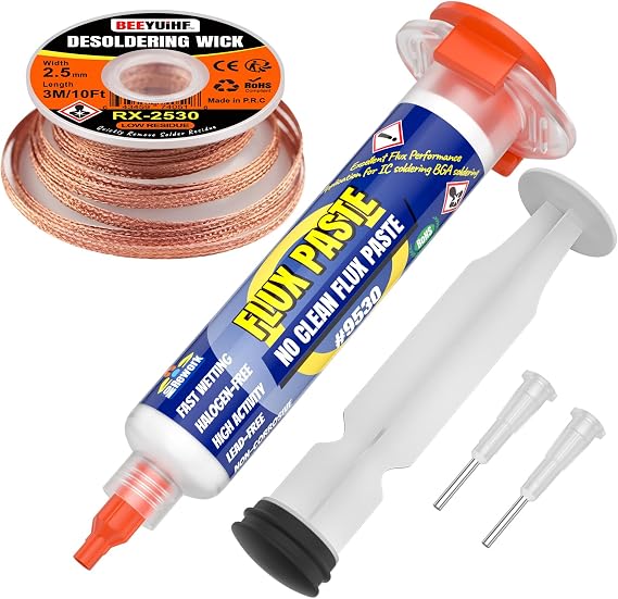 Electrical Soldering Flux Paste (10cc Syringe) with Desoldering wick Braid (3M/10ft 2.5mm) for Electronics Soldering Repairs Remover Kit