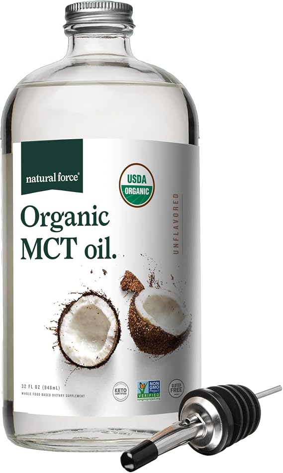 Natural Force Organic MCT Oil Pure Glass Bottle Made from 100% Virgin Coconut Oil + Certified Keto, Paleo, Kosher, Vegan & Non-GMO Lab Tested for Quality and Purity - 32 Ounce