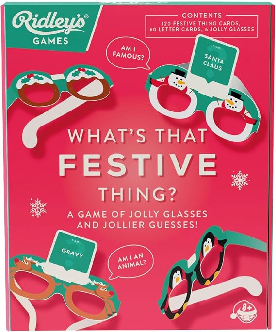 Ridleys Games: Whats that Festive Thing? Holiday Party Card Game with 120 Festive Cards, 60 Letter Cards & Card-Holder Glasses Family Game Night, Ages 8+, 26 Players