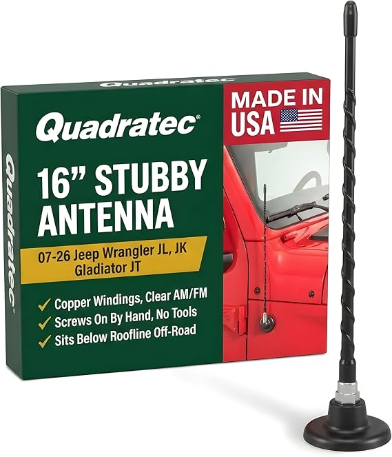 Quadratec 16" Hi Performance AM/FM Stubby Antenna - Fits Jeep Gladiator JT, Wrangler JK, JL, JKU, JLU 2007-2023 - No Tool Installation