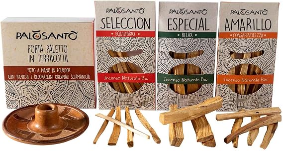 PALOSANTO Palo Santo Bundle - 5 Amarillo Sticks + 5 Seleccion + 3 Especial + Palo Santo Holder - Bursera Graveolens from Ecuador and Peru Terracotta Plate Handmade in Ecuador