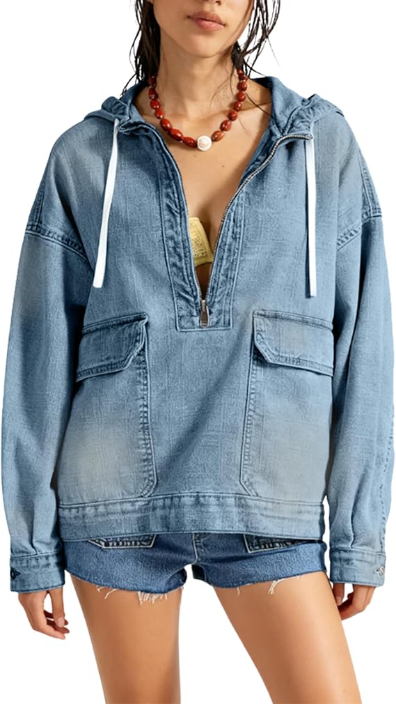 Omoone Women's Denim Pullover Jacket Oversized Half Zip Hoodie Jean Top Sweatshirt with Pockets (LightBlue-XL)