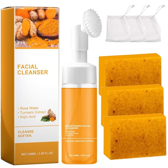 Turmeric Wash and Care Two Piece Set, Tuemeric Facial Cleanser & Turmeric Soap Combo, Turmeric Cleansing Mousse,For All Skin Types(1PCS Turmeric Wash+3PCS Turmeric Soap)