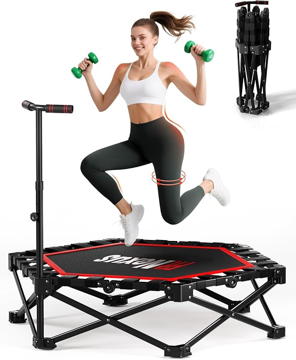 42" Foldable Mini Trampoline- 450lb Capacity Fitness Rebounder w/3-Level Adjustable T-Bar, Adults Workout Trampoline, Non-Slip Pad | Foldable Design for Home/Gym