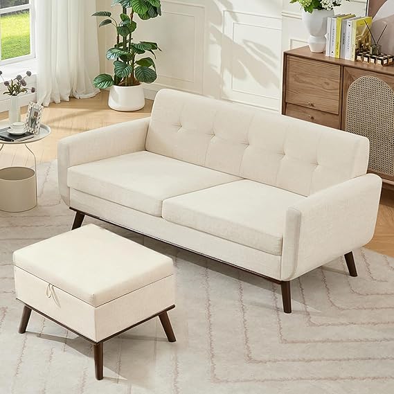 Living Room Furniture Sets, Standard & Ottoman, Mid Century Modern Decor Sofa Couches, Button Tufted Upholstered Furniture, Beige | linen fabric