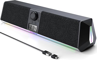 SOULION R80 Bluetooth Computer Speakers, USB Speakers with Digital Clock Display for Desktop Monitor, PC Speakers for Laptop Surround Sound Soundbar with LED Dynamic LightUSB Adapter Included