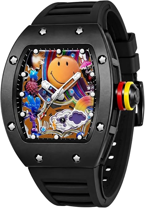 Gosasa Tonneau Watch for Men, Colorful Smiley Face Quartz Silicone Watch