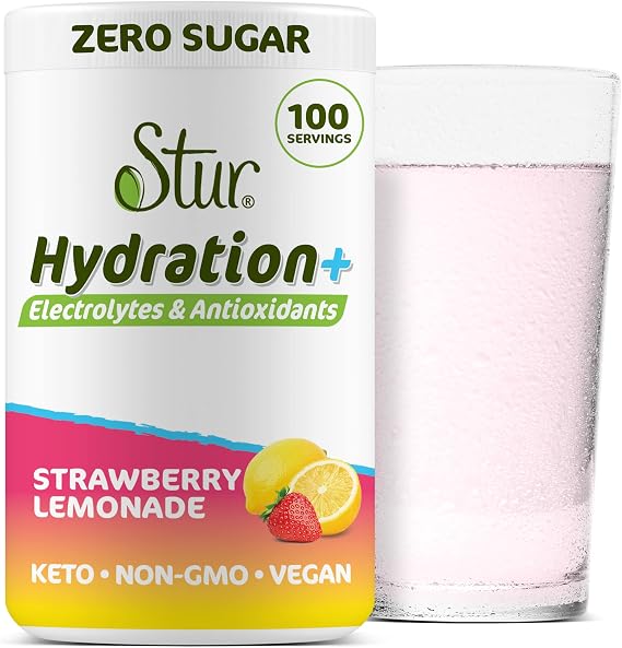 Stur Electrolyte Hydration Powder | Strawberry Lemonade | Sugar Free | 100 Servings | High Antioxidants & B Vitamins | Non-GMO | Daily Hydration & Workout Recovery | Keto | Vegan(10.9 oz)