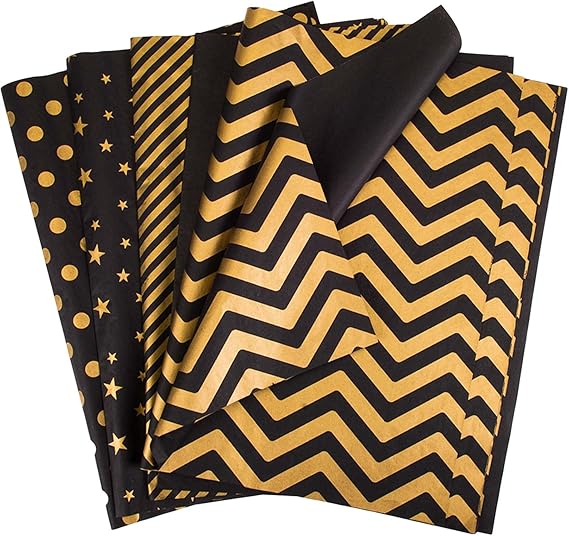 Larcenciel 50 Sheets Black Gold Tissue Paper, 5 Styles Metallic Tissue Paper for Gift Bags, Glitter Gift Wrapping Tissue Paper Bulk for Graduation, Birthday, Holiday, Party Decor, DIY Craft, 20x14inch
