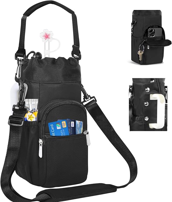 Water Bottle Carrier Bag with Phone Pocket for Stanley Cup 40 Oz Tumbler with Handle, Nylon Water Bottle Holder Pouch with Top drawstring, Adjustable Shoulder&Handle Strap for Stanley Cup Accessories
