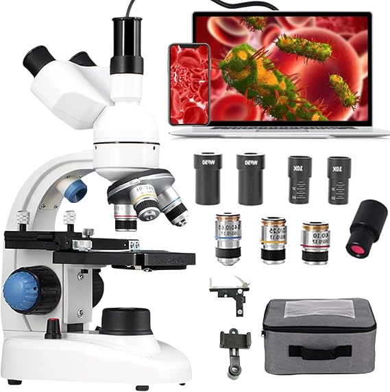 Compound Trinocular Microscope 40x-30000x/50000x/70000x, Research Grade Professional Microscope, Two Tier Mechanical Stage Led Illuminated Microscope, Adult Microscope W/E-Eyepiece,50000X