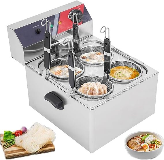 4-Hole Commercial Electric Noodle Cooker with 4 Filter Baskets, 140F-392F Adjustable Temp Pasta Boiler for Restaurant, Cafe & Canteen