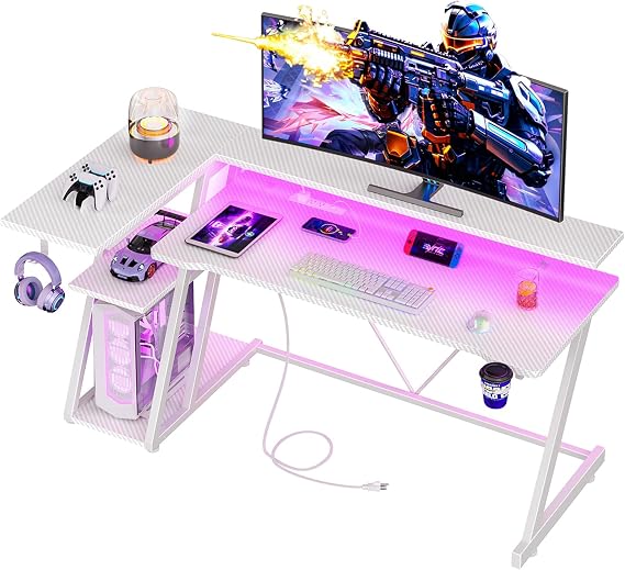 Korfile 55 Inch White Gaming Desk with Power Outlet & LED Lights, L Shaped Computer Desk Gaming with 3 Tiers Storage Shelves, Reversible Corner Desk with Monitor Stand for Bedroom