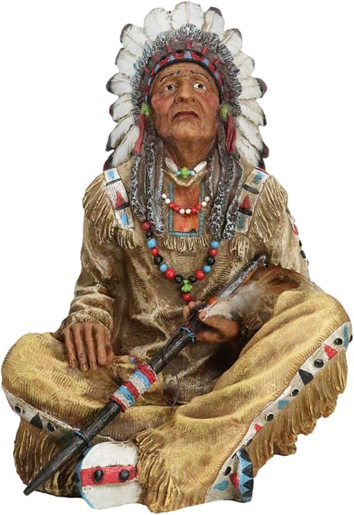 Ebros Gift Large Native American Indian Tribal Chief Medicine Man Holding Peace Pipe in Seated Pose Figurine As Home Decor Sculpture Cultural Heritage History Sculpture