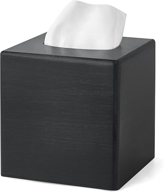 Mkono Tissue Box Cover Square, Rustic Wood Open-Bottom Holder, Black