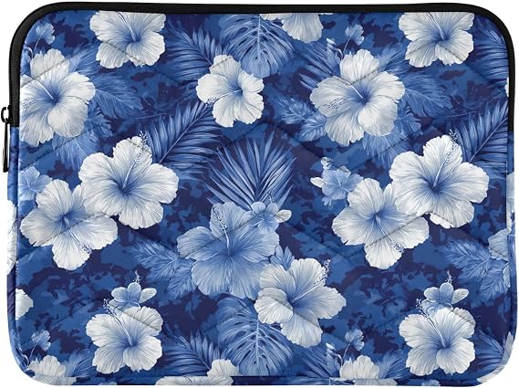 Blue Hibiscus Puffy Laptop Sleeve for 13-14 Inch MacBook, Quilted Design Cute Puffer Bag Soft Lightweight Case for Man Women, 360 Protective