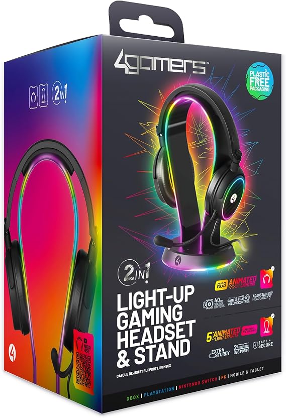 4Gamers Light Up Headset & Stand Bundle, PC and Gaming Headsets Compatible
