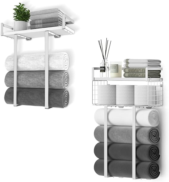 Xstydes Towel Racks for Bathroom Wall Mounted, Small Towel Rack (Silver) and Large Towel Rack with Basket (White) Metal Towel Holder with Wooden Shelf for Folding Large Towels