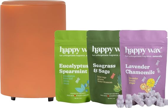 Happy Wax Clay Mod Wax Melt Warmer and Spa Mix Wax Melt Collection. Includes: Seagrass & Sage, Lavender Chamomile and Eucalyptus Spearmint