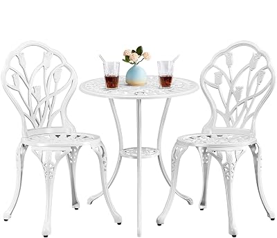 Yaheetech 3-Piece Outdoor Bistro Set wFloral Design, Rust-Resistant Cast Aluminum Table and Chairs wUmbrella Hole for Balcony, Backyard, Garden, White