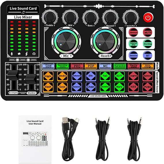 Sound Effects Board, Voice Changer Audio Mixer Live Sound Card for Podcasting Recording, LED Light, DJ Mixer, Soundboard