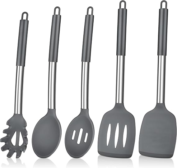 Herogo Kitchen Utensils Set 5 Pieces Silicone Cooking Utensils with Stainless Steel Handle Heat Resistant Kitchen Utensils Spatula Spatula for Non-Stick Cookware Pan Grey