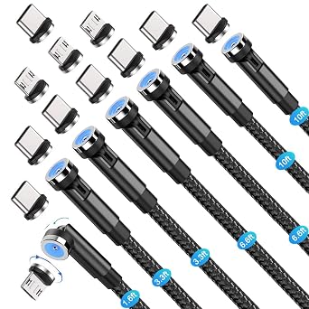 540 Rotation 3 in 1 Magnetic Charging Cable (7-Pack, 1.6ft/3.3ft/6.6ft/6.6ft/10ft/10ft, Magnet Phone Charger Compatible with Micro USB, Type C Device, black, (NEW-7PACK)