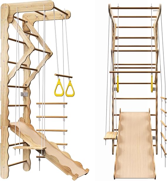 5-in-1 Indoor Playground Swedish Ladder Jungle Gym with Swing,Pull-Up Bar,Rope Ladder,Climbing Wall,Slide and Gymnastic Rings for Kids Ages 4-8