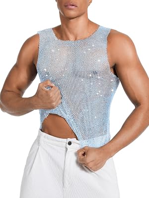 Rhinestones Rave Outfits, Sparkly Mesh Tank Tops, Mens Sexy Sheer Fishnet Shirt for Music Festival