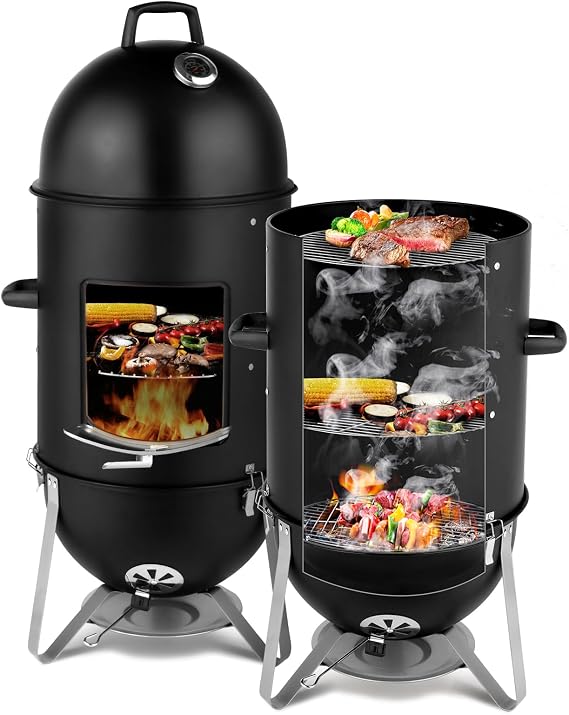 Vertical Steel Charcoal Smoker, Round BBQ Grill Vertical Charcoal BBQ Smoker, 3-in-1 Portable Outdoor Grill Cooker with Built-in Thermometer for Outdoor Cooking Backyard Grilling Camping Picnic