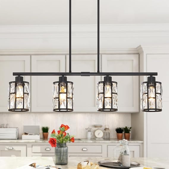 MEXO Crystal Pendant Light Fixture for Kitchen Island Dining Room, Farmhouse Chandelier Matte Black Close to Ceiling Lightings Over Table