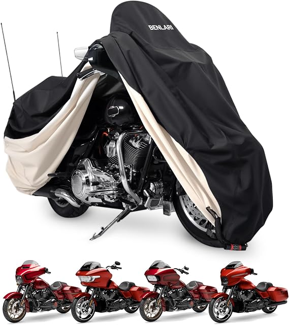 Benlari Motorcycle Cover Compatible with Harley Davidson Touring Models Road King Street Glide Road Glide Electra Glide Outdoor All Weather Protection Waterproof Outdoor, White