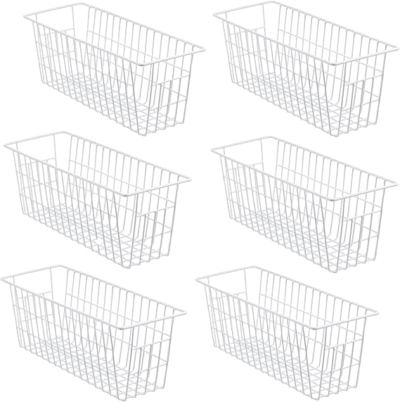 iPEGTOP Set of 6 Metal Wire Food Storage Basket Organizer Bin with Handles for Organizing Kitchen Cabinets, Pantry Shelf, Bathroom, Laundry Room, Closets, Garage - White
