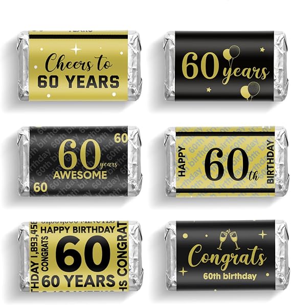Tenare 90 Pcs 60th Birthday Candy Wrappers, Black and Gold Stickers