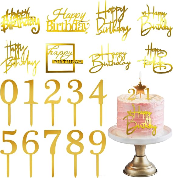 18Pcs Gold Happy Birthday Cake Toppers, 0-9 Number for Cake Topper Mirror Acrylic Side Cake Decorations Cupcake Topper Pick for Birthday Cake Desserts (Gold)