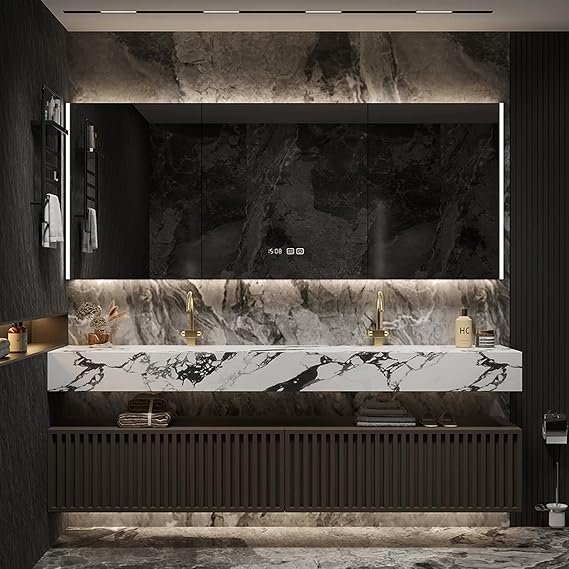 60" Modern Double Sink Bathroom Vanity - Smart LED Defog Mirror Cabinet with Time Display, Ceramic Sink, Waterproof Multi-Layer Solid Wood, Floating, Fully Pre-Assembled, Ample Storage