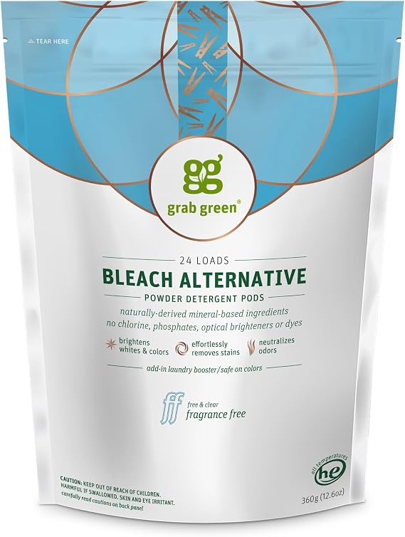 Grab Green Natural Bleach Alternative Pods, Non-Chlorine Bleach, Fragrance Free, Unscented/Free & Clear, 24 Loads