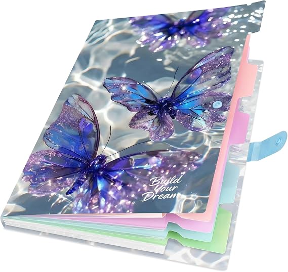 Cute Expanding File Folder - 5 Pockets Accordion Document Organizer, Waterproof Poly Plastic, A4/Letter Size for School Office Home - Butterfly Purple