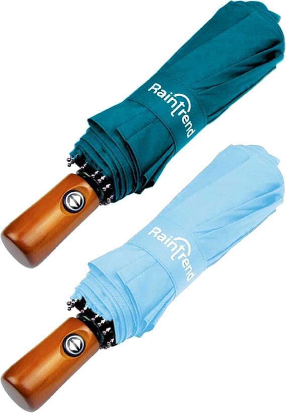 Raintrend 2 Pack Umbrellas for Rain Windproof Travel Teal and Sky Blue Umbrella - Large Double Canopy but Compact Folding Portable - Automatic Strong