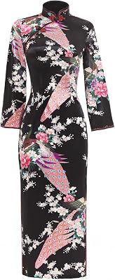Shanghai Story Peacock Dress Long Cheongsam Long Sleeve Cheap Qipao XL Black