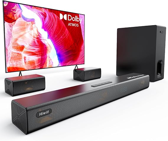 Hiwill 5.1ch Dolby Atmos Surround Soundbar w/ 6.5'' Big Wireless Subwoofer, Extend Soundstage, Deepen Bass, Clarify Dialogue, 2 Wired Rear Speakers Home Theater TV Sound Bar, eARC/Opt, HiElite A51PRO