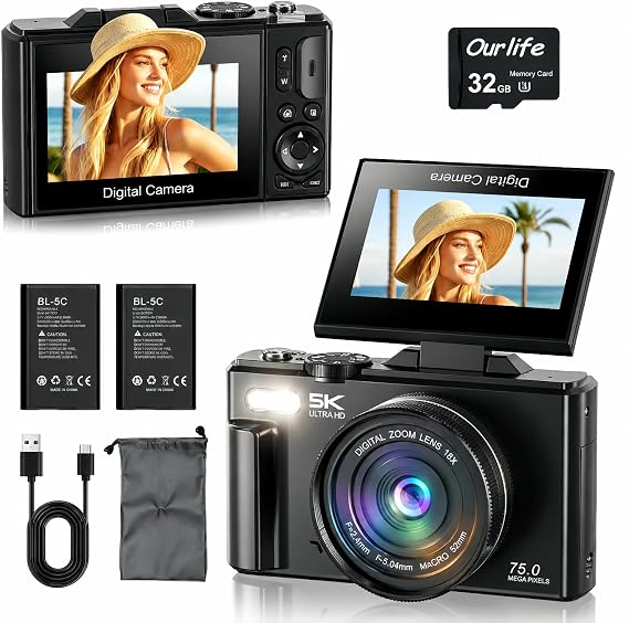 Ourlife Digital Cameras for Photography,5K 75MP Autofocus Vlogging Camera